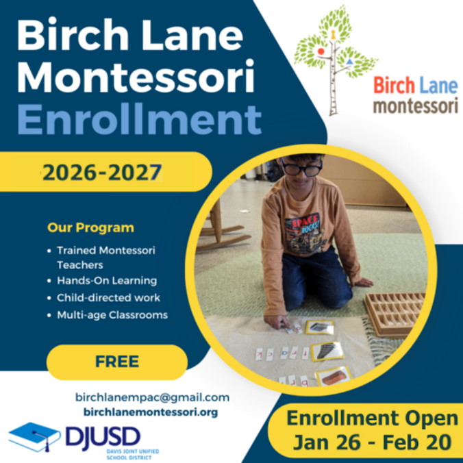 Birch Lane Montessori 2026-2027 enrollment flyer: FREE program, enrollment open Jan 26 – Feb 20; program highlights are trained Montessori teachers, hands-on learning, child-directed work, and multi-age classrooms